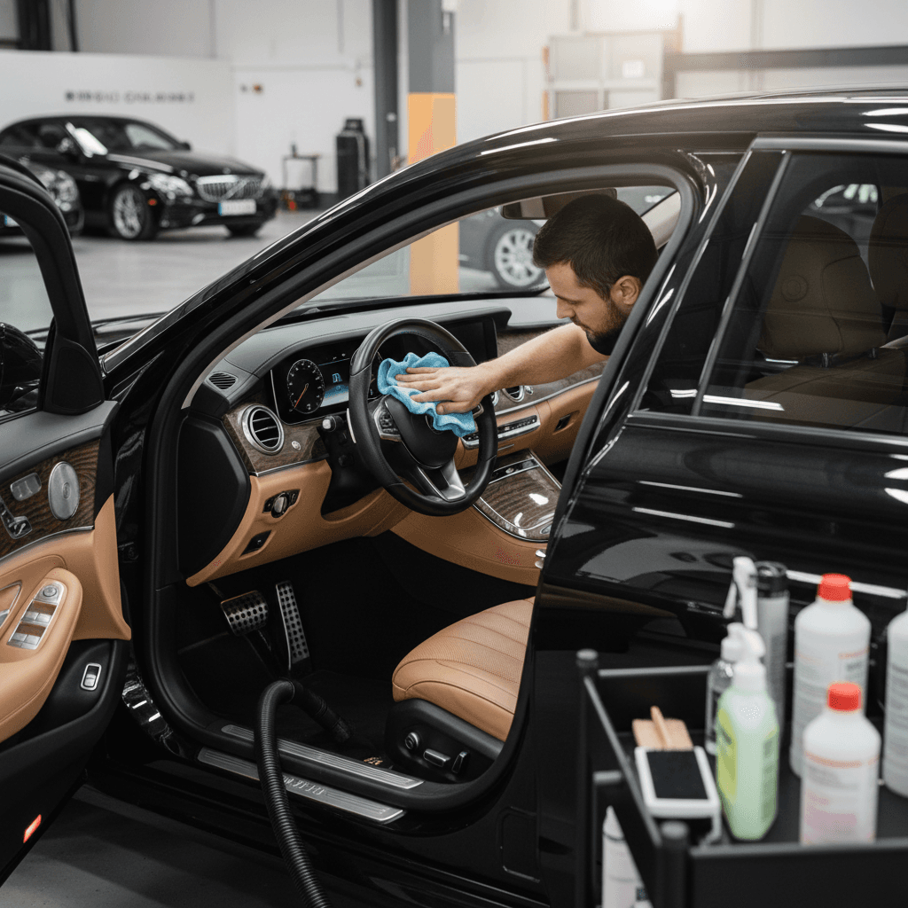 Automotive detailer polishing the interior of a high-end vehicle with care