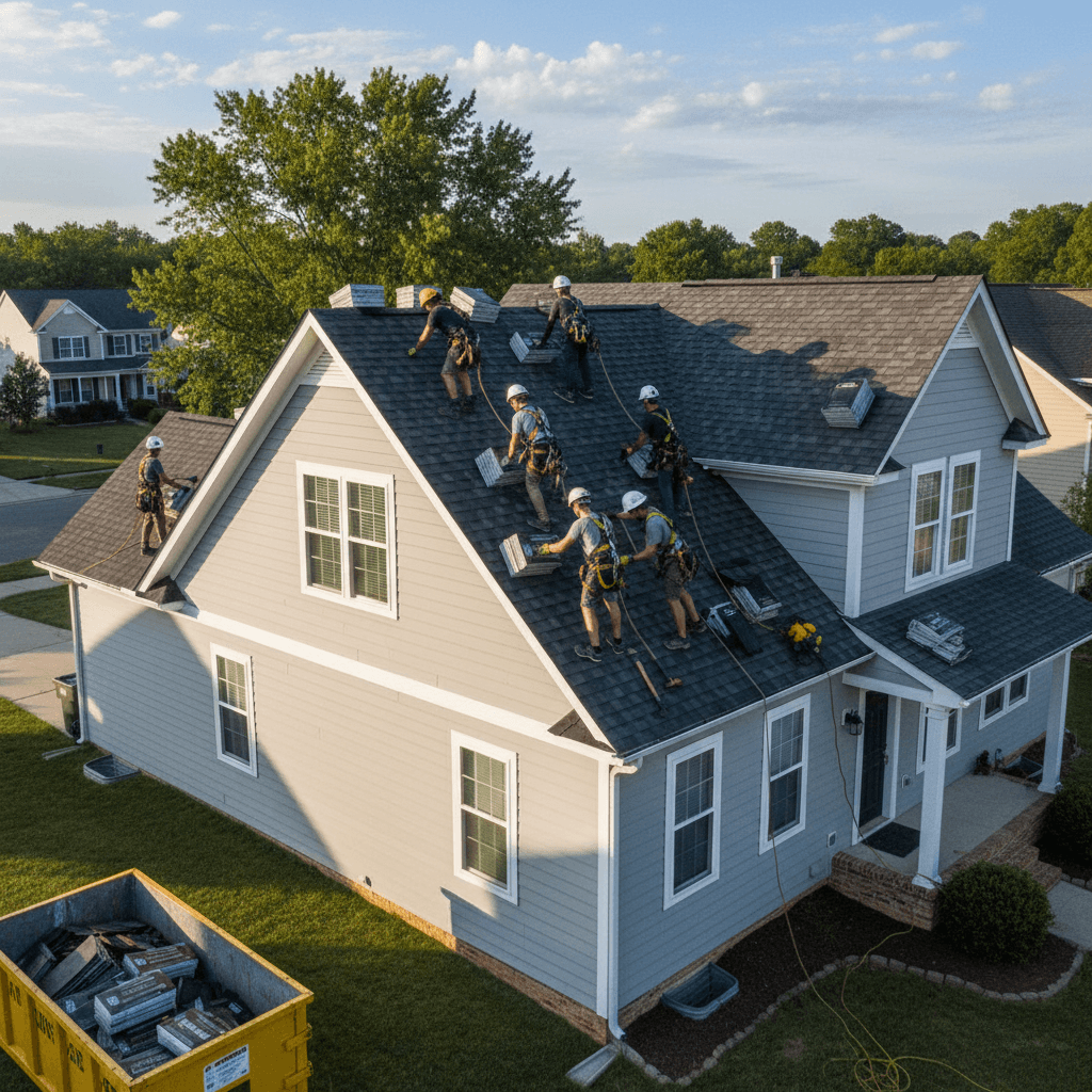 Workers installing asphalt shingles on a pitched roof with safety harnesses