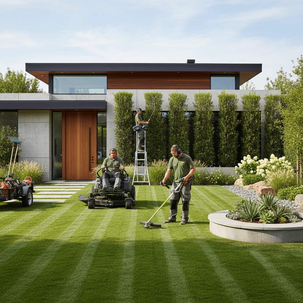 Landscapers using professional equipment to care for a residential front yard