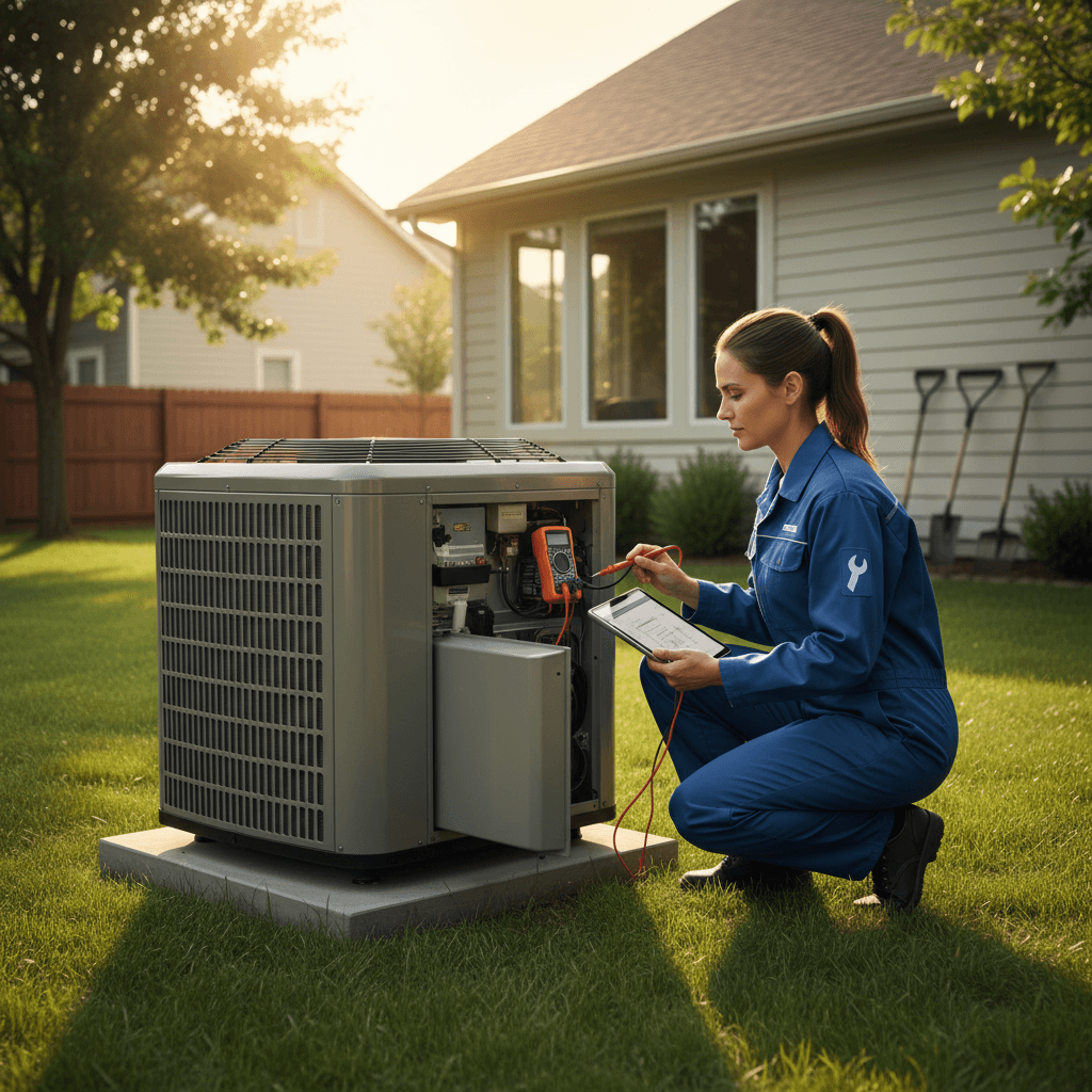 Technician in uniform inspecting an outdoor air conditioning unit with tools