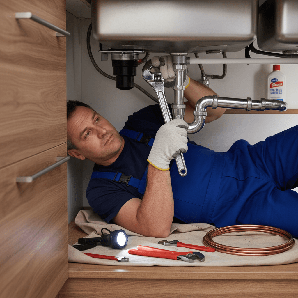 Plumber in work clothes repairing pipes under a kitchen sink